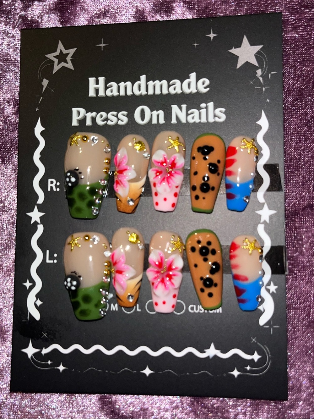 Handmade Press On Nails - Multicolor Floral & Dot Set